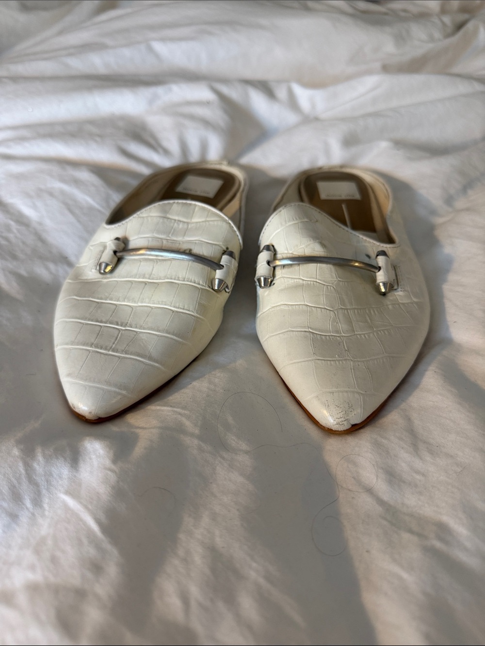 Dolce Vita White Croc-Embossed Pointed Mule with Silver Bit Accent
